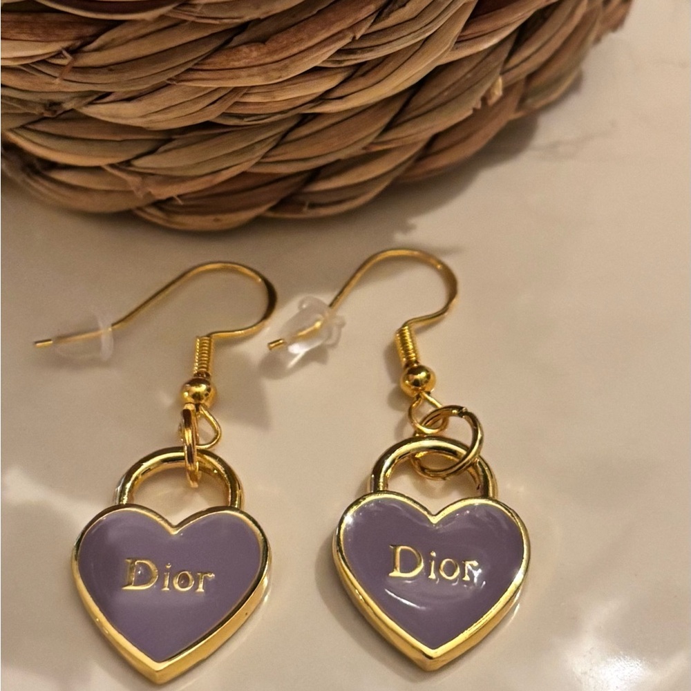Dior charm/zipper pull 18k Gold plated and Purple Heart  Earrings